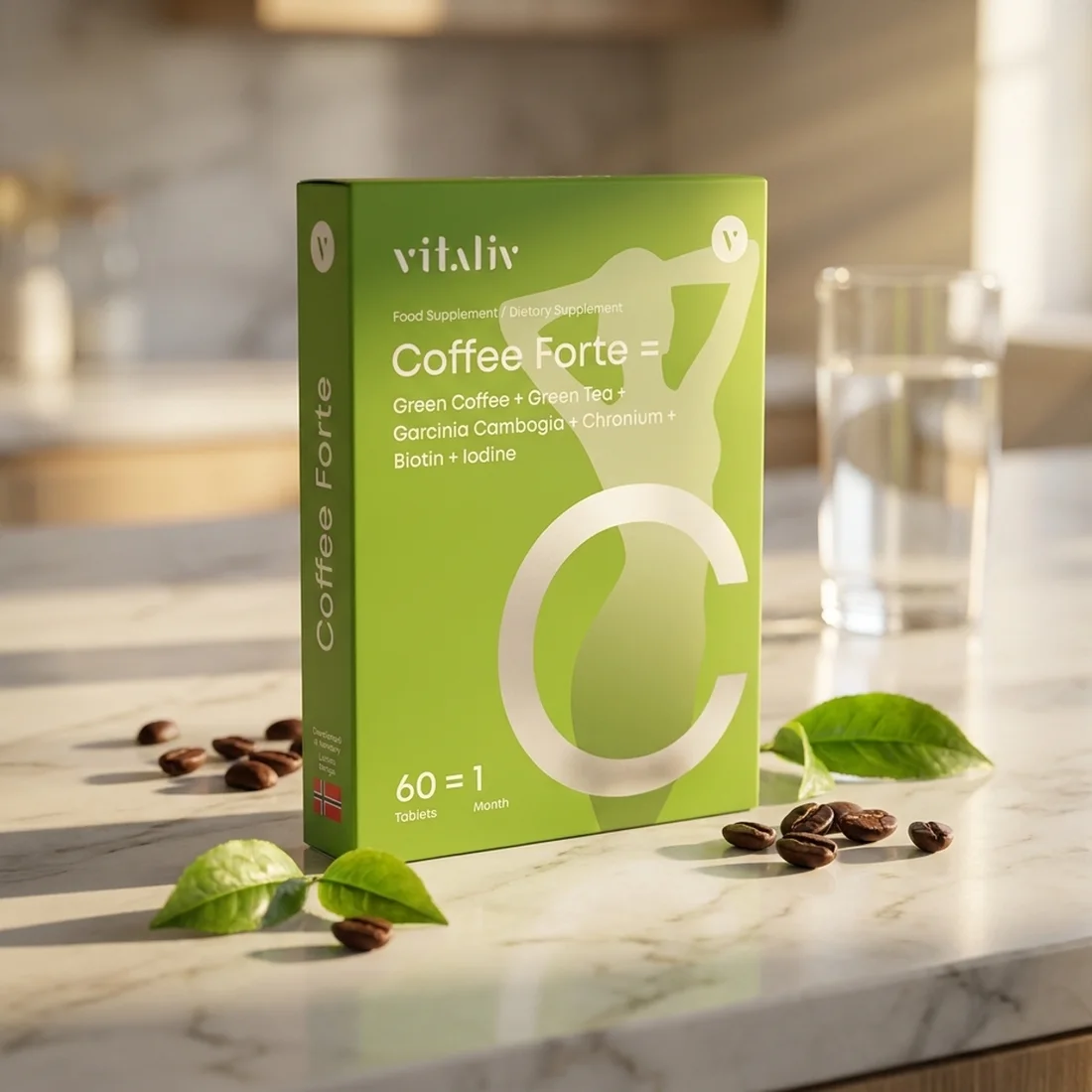 Coffee Forte æske på et køkkenbord med grønne kaffebønner